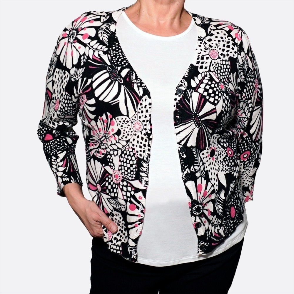 Nicole Miller 100% Cotton Boho Chic Cardigan L XL 1X 12 14 Pink Floral Button Up